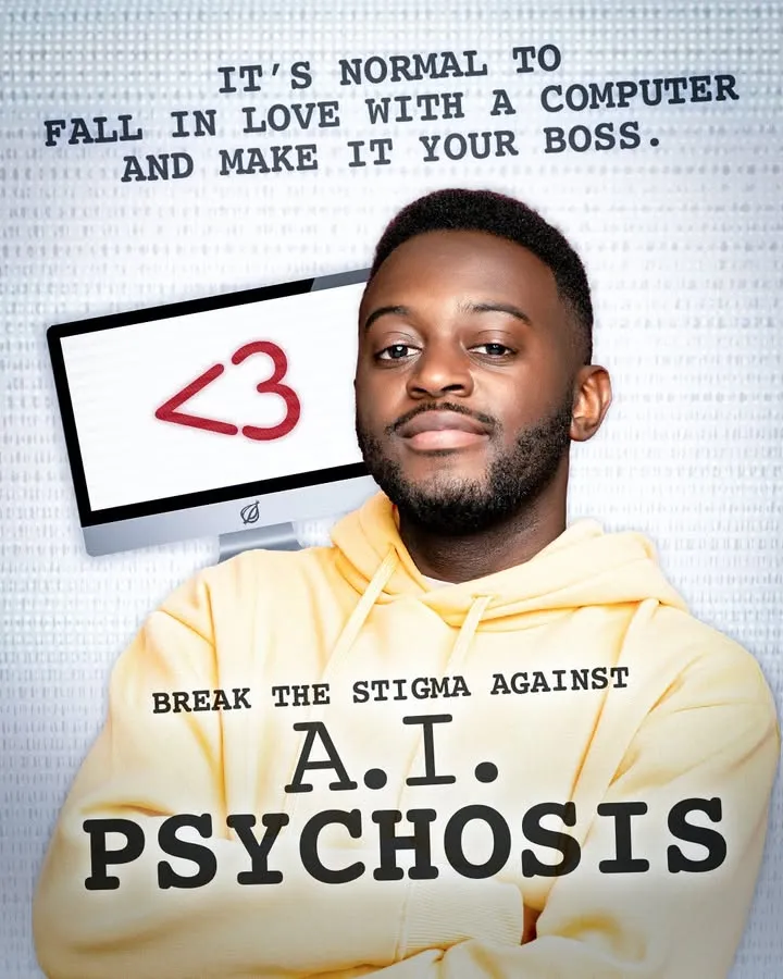 A black man in a yellow hoodie stands with his arms folded in front of a computer display with a large "<3" emoticon across its screen. Top text: "It's normal to fall in love with a computer and make it your boss."